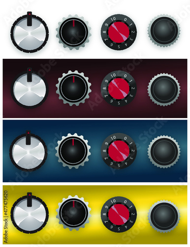Vintage retro dials and control knobs. One set for light backgrounds, a second for dark backgrounds. The feel of analog controls from the 1950s `1960s 1970s and 1980s. 