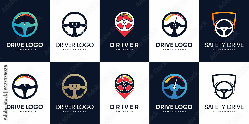 Set bundle of driver logo design with steering and creative element Premium Vector Set bundle of driver logo design with steering and creative element Premium Vector