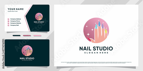 Nail studio logo design with circle concept and business card design Premium Vector
