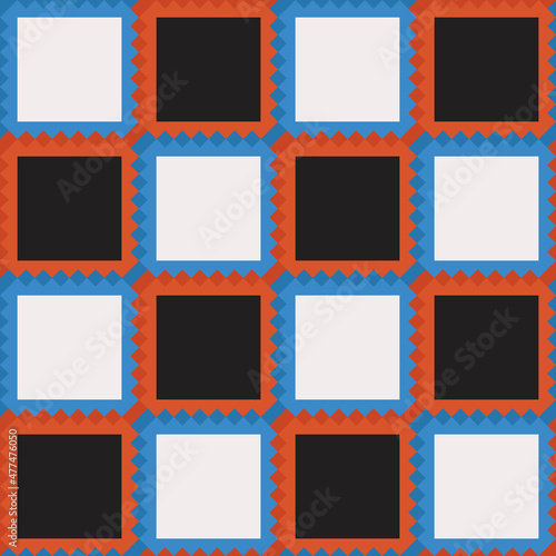Black and white chess cells in a red and blue frame. Vector tiles of checkers and patterned blue red edges.