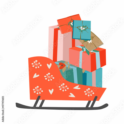 Santa's sleigh with Christmas gifts boxes with bows. Cute vector illustration.