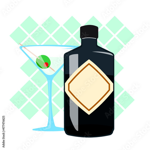 A bottle of gin with a gin martini cocktail drink.