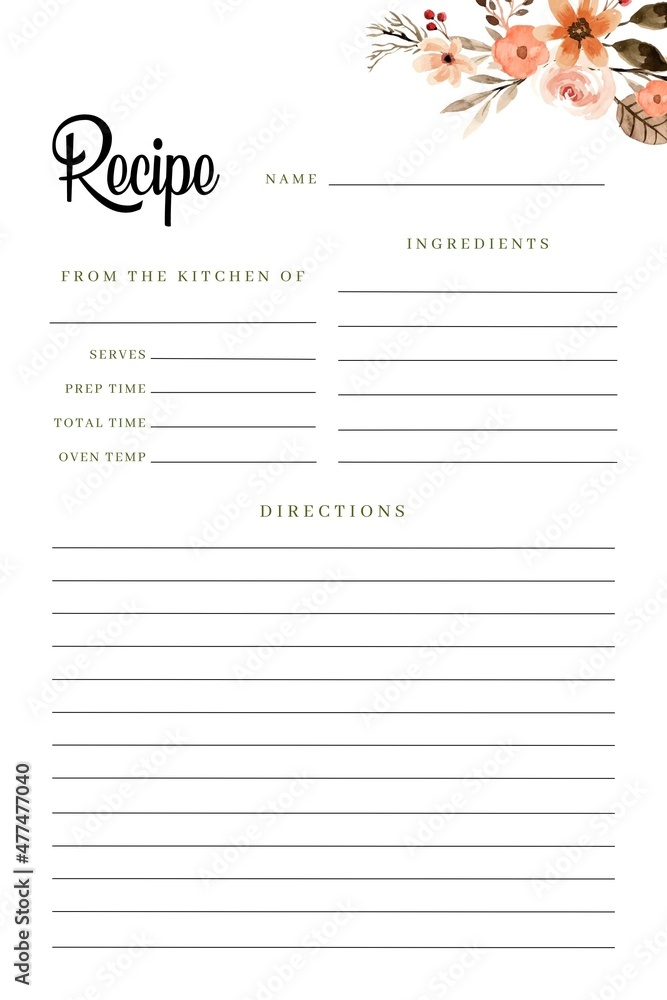 Blank Recipe Book Printable Flower Template, Blank Pages Sheet