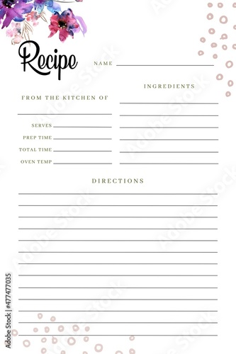 Blank Recipe Book background with flowers, Blank Pages Sheet Organizer Binder, Kitchen Cookbook