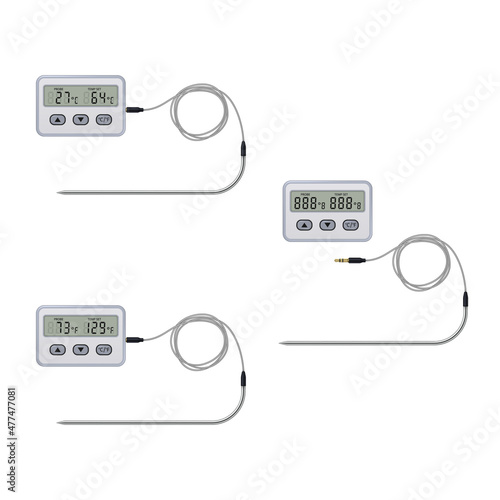 Kitchen electronic thermometer with flexible probe on a white background. Vector illustration.