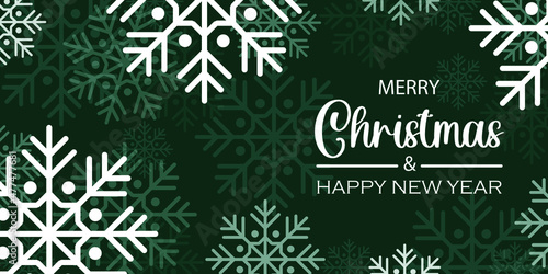 Happy New Year and Merry Christmas. Emerald holiday card with white snowflakes. Trendy greeting banner. Vector.