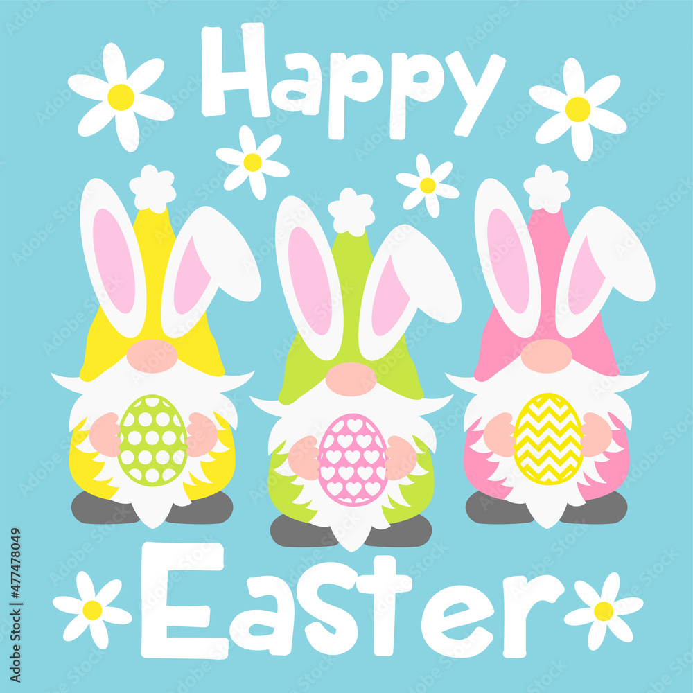 Cute Easter gnomes with bunny ears holding eggs vector illustration. Happy Easter card in cartoon childish style Cute Easter gnomes with bunny ears holding eggs vector illustration. Happy Easter card in cartoon childish style