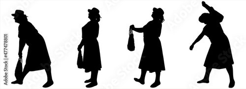 A woman in a hat, skirt, blouse, dress with a handbag. The lady is holding a bag in her hand. Funny poses of a woman with a heavy bag: tired, lowered, raised the bag, swung. Black female silhouettes.