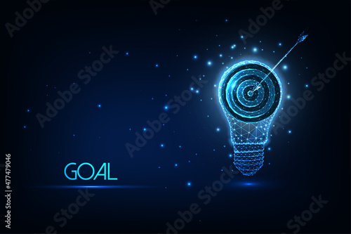 Futuristic goal, achievement concept with glowing low polygonal light bulb and target isolated on dark blue