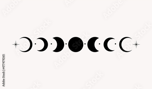 Line art mystical esoteric black eclipse crescent moon and stars divider