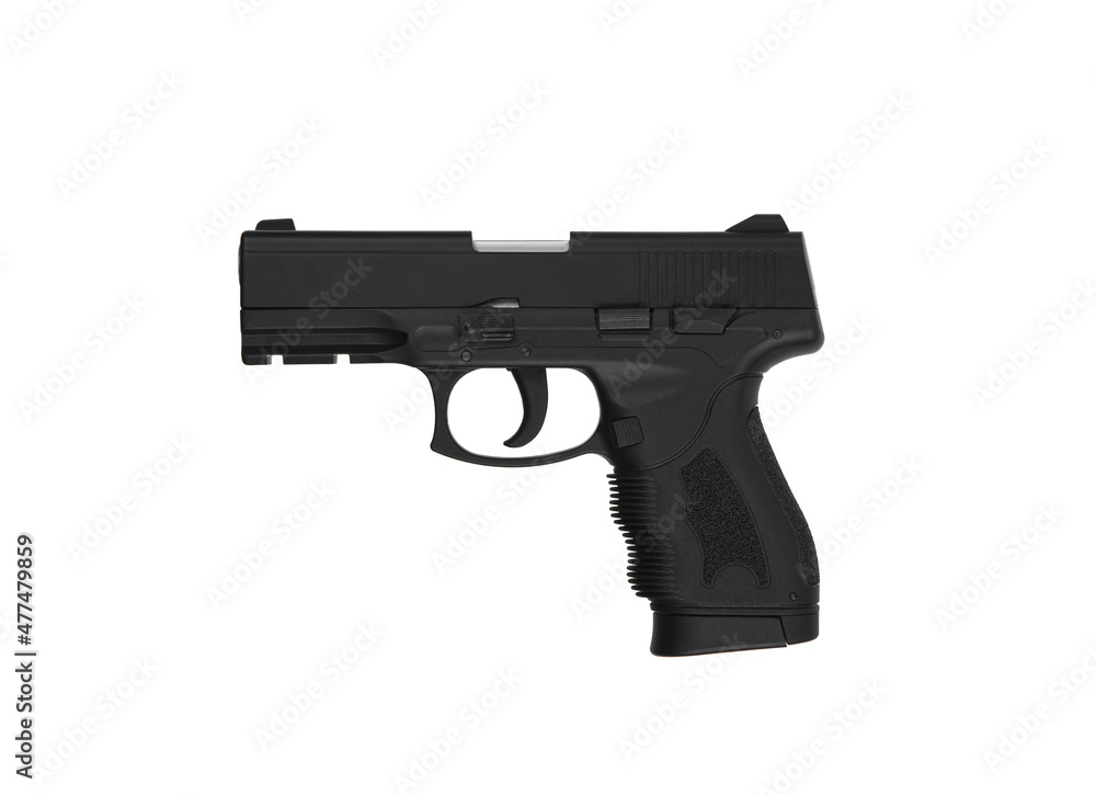 Modern semi-automatic pistol. A short-barreled weapon for self-defense. Arming the police, special units and the army. Isolate on a white back