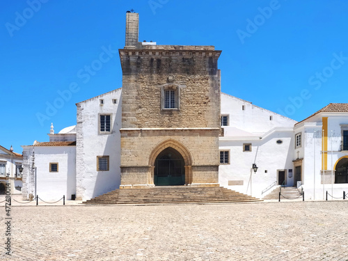 Cathedral of Faro or Se catedral de Faro with a bell tower at the Algarve coast of Portugal