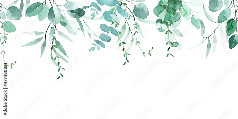 watercolor drawing. seamless border with eucalyptus leaves. vintage drawing.