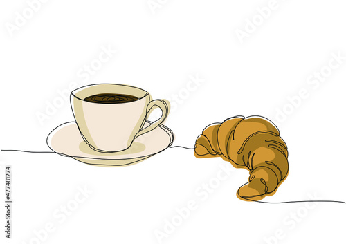 French breakfast of coffee and croissants. One continuous line drawing. Vector illustration