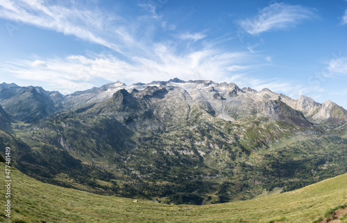 Panoramic view of Macizo de la Maladeta in Pyrenees, Spain. 