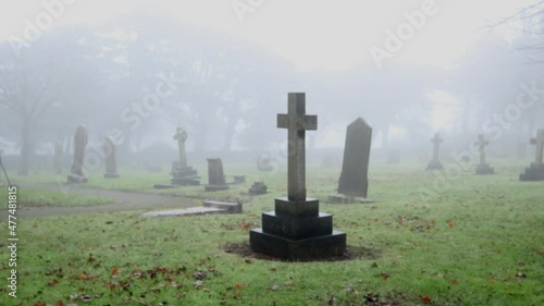 Zooming Out On A Creepy Foggy Cemetery