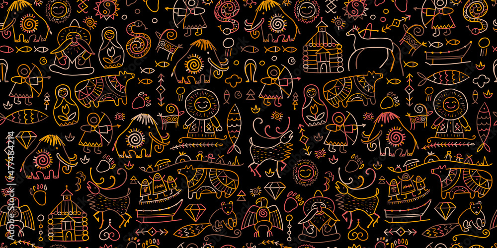 Fototapeta Seamless pattern with North People Lifestyle. Sketch for your design