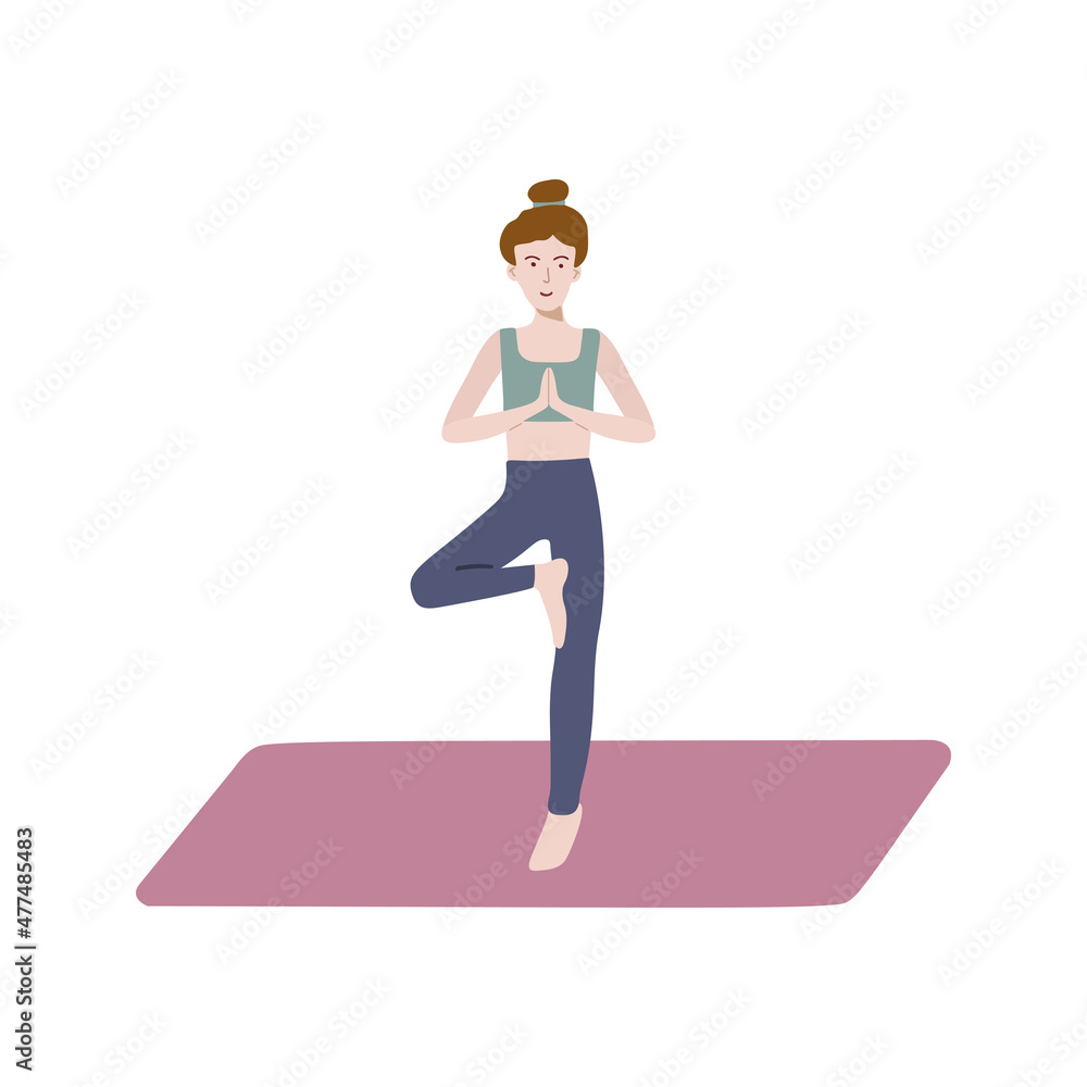 Yoga Vrikshasana or Tree pose. Young woman positive character practicing on yoga mat. Flat vector Yoga Vrikshasana or Tree pose. Young woman positive character practicing on yoga mat. Flat vector