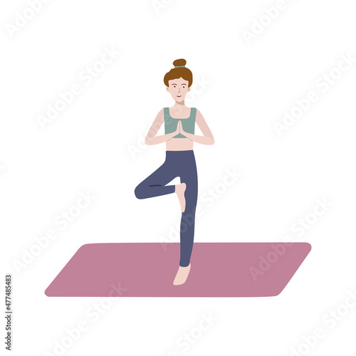 Yoga Vrikshasana or Tree pose. Young woman positive character practicing on yoga mat. Flat vector