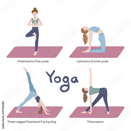 Set of yoga poses: trikonasana, three-legged downward-facing dog, Ustrasana or Camel pose, Vrikshasana. Young women characters practicing on yoga mat. Flat vector illustrations.