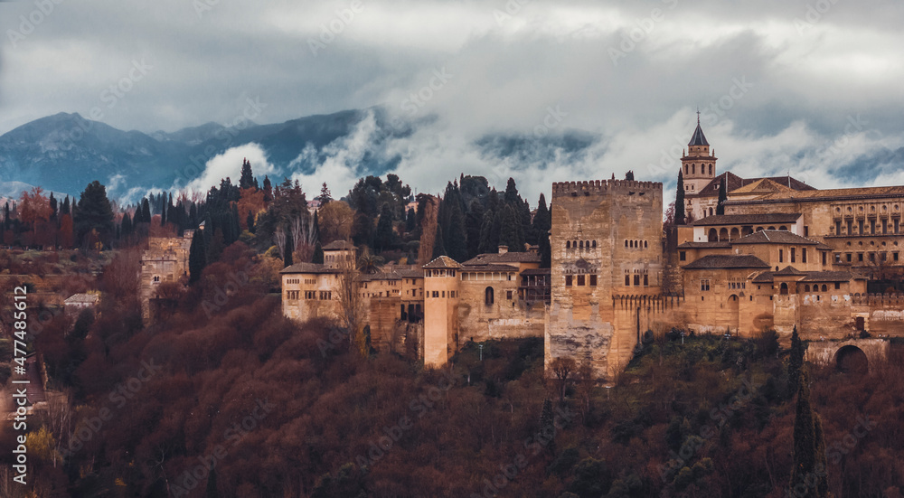 panoramic view of the alhambra of granada on a cloudy day