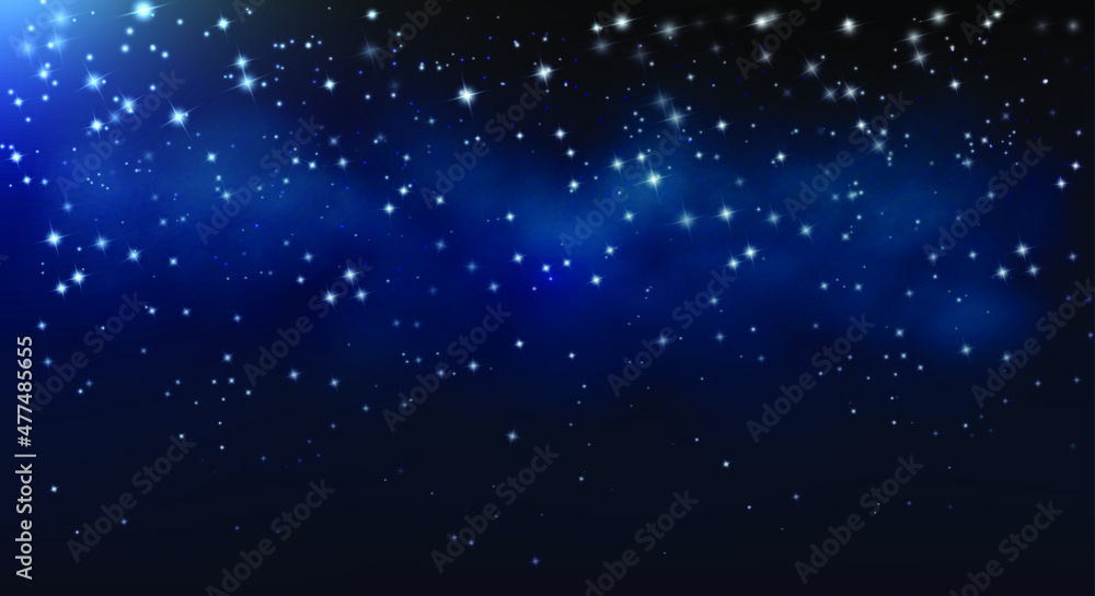 Night sky with stars and the Milky way in the distance. Astronomy background of space and the universe with blue colors.