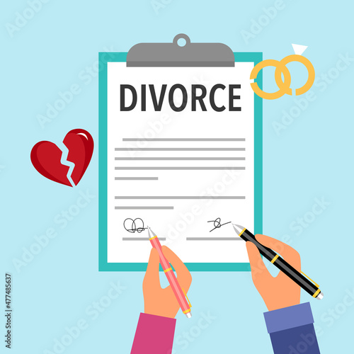Man and woman signing divorce document. Failure marriage. Love hurts. Breakup relationship. Family problem.