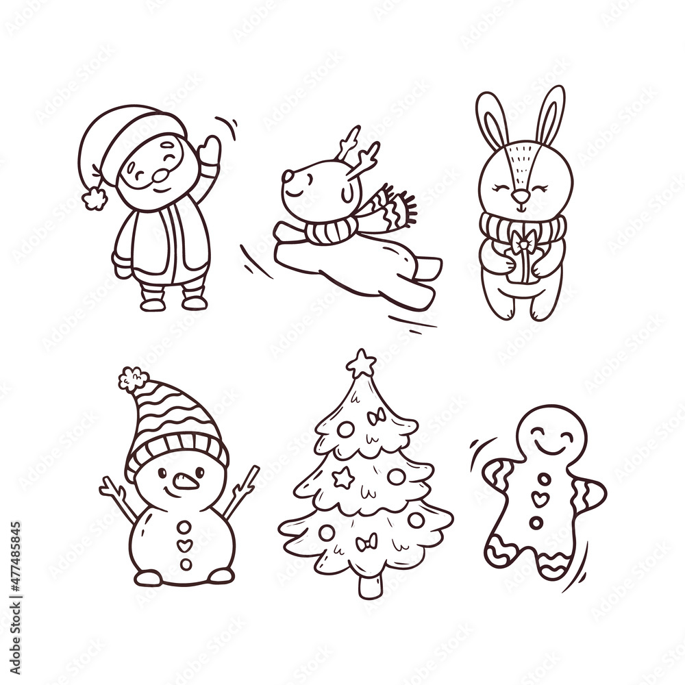 Christmas and new year collection with seasonal elements, Santa, snowman,reindeer,christmas tree,bunny,gingerbread.Set of cartoon christmas elements. Coloring. Christmas and new year collection with seasonal elements, Santa, snowman,reindeer,christmas tree,bunny,gingerbread.Set of cartoon christmas elements. Coloring.