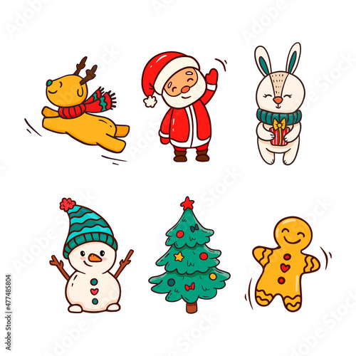 Christmas and new year collection with seasonal elements  Santa  snowman reindeer christmas tree bunny gingerbread.Set of cartoon christmas elements.Vector illustration