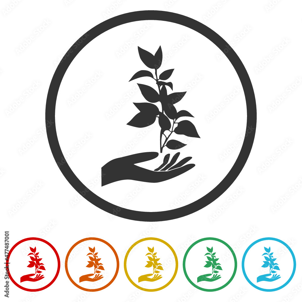 Plant in hand of environmental protection icon isolated on white background, color set Plant in hand of environmental protection icon isolated on white background, color set