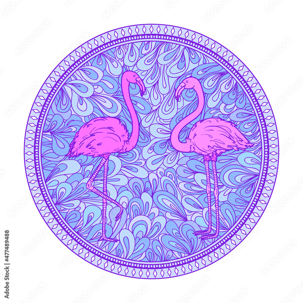 Circle zendala with flamingos on white. Birds. Zentangle. Hand drawn foliage mandala on isolated background. Design for spiritual relaxation for adults. Doodle for flyers, shirts and textiles Circle zendala with flamingos on white. Birds. Zentangle. Hand drawn foliage mandala on isolated background. Design for spiritual relaxation for adults. Doodle for flyers, shirts and textiles