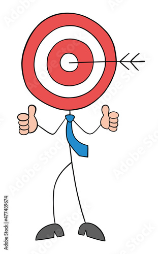 Bulls eye head stickman businessman standing and giving thumbs up, hand drawn outline cartoon vector illustration.