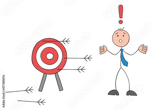 Stickman businessman shot at the bulls eye and none of the arrows hit the target, hand drawn outline cartoon vector illustration.