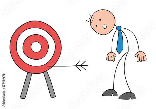 Stickman businessman is very confused as he failed to hit the target, hand drawn outline cartoon vector illustration.