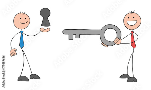 Stickman businessman is holding the keyhole and the other st,ckman businessman is holding the key. This is collaboration, teamwork, hand drawn outline cartoon vector illustration.