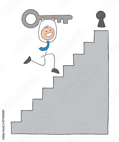 Stickman businessman runs to unlock the keyhole at the top of the ladder carrying the key and is very happy, hand drawn outline cartoon vector illustration.