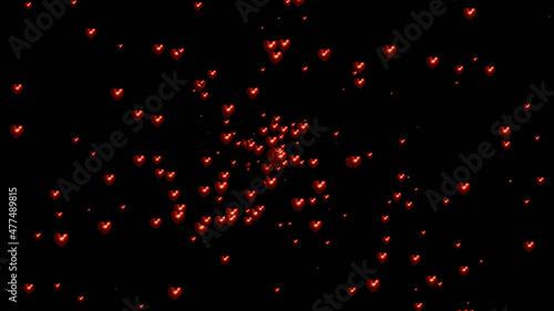 Valentine's Day background with red hearts isolated on black. 3d render illustration.