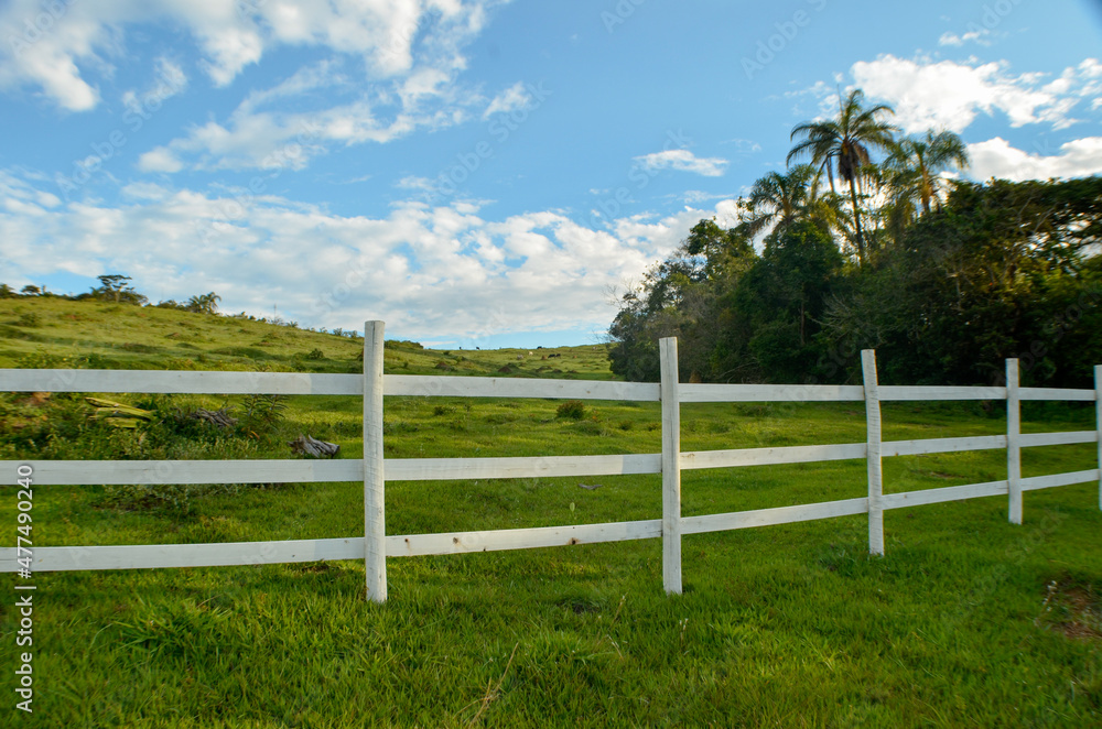 white fence on green field with blue sky