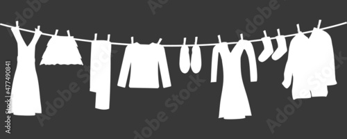 Silhouettes of laundry on rope isolated on grey background. Various clothes hanging on clothesline. Clean apparel drying on line. Washingline with dresses monochrome icon. Stock vector illustration