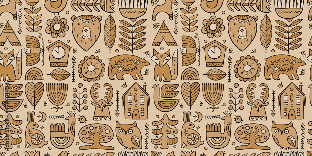 Nordic Ornament. Forest Animals, Folk Background. Seamless pattern for your design - obrazy, fototapety, plakaty 