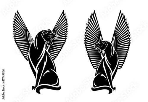 ancient egyptian style sitting winged cats representing Bastet goddess - elegant black and white vector mythical black panther silhouette outlines