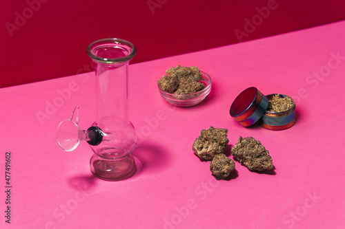 Glass bong with dry cannabis