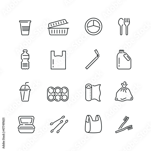 Plastic packaging related icons: thin vector icon set, black and white kit