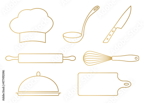 set of golden kitchen, cooking utensils icons: chef hat, ladle, knife, rolling pin, whisk, tray and cutting board - vector illustration