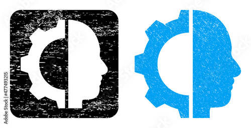 Vector cyborg gear subtracted icon. Grunge cyborg gear seal stamp, done with icon and rounded square. Rounded square seal have cyborg gear subtracted shape inside. Vector cyborg gear rubber images.
