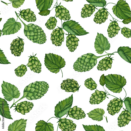 Hops Cones Leaves. Watercolor Seamless Pattern
