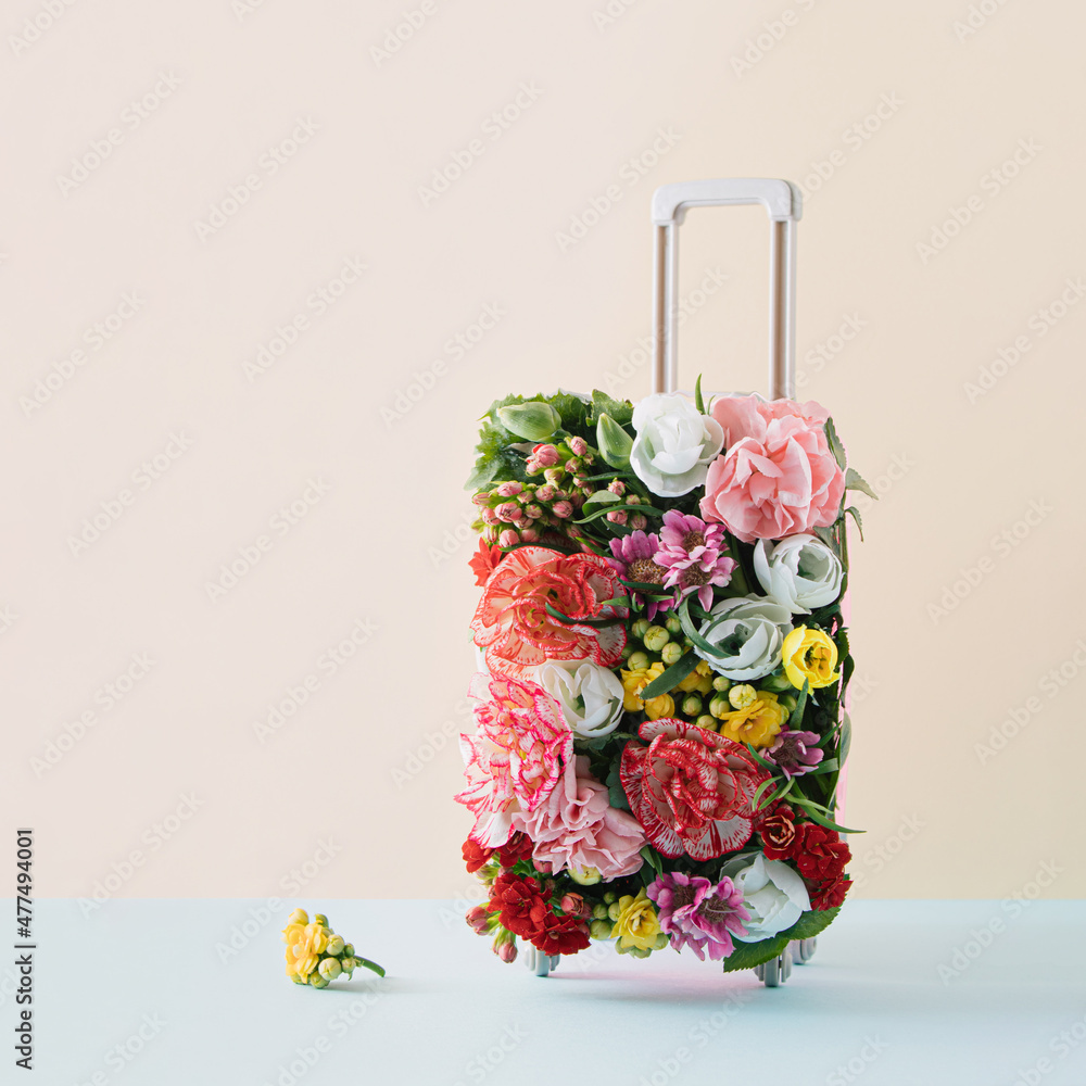 Obraz premium Travel suitcase arranged with bloomy flowers, buds and green leaves. On pastel pink and bright blue background. Creative idea. Travel or vacation concept. Minimal style.