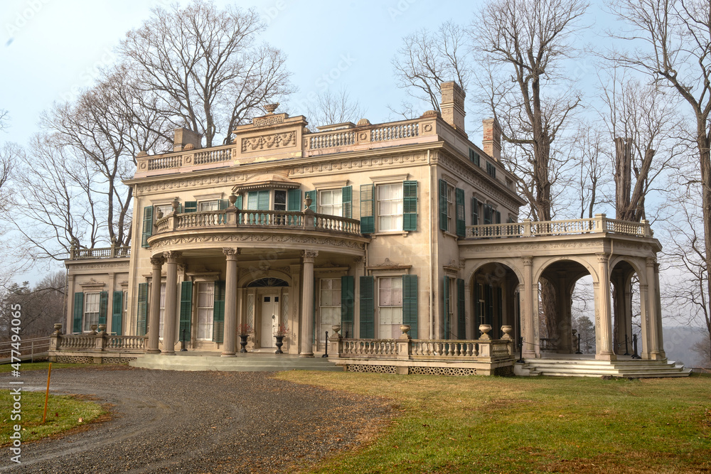 Annandale-on-Hudson, NY - USA - Dec. 28, 2021: Three quarter view of the Federal-style Montgomery Place, an early 19th-century estate that has been designated a National Historic Landmark.