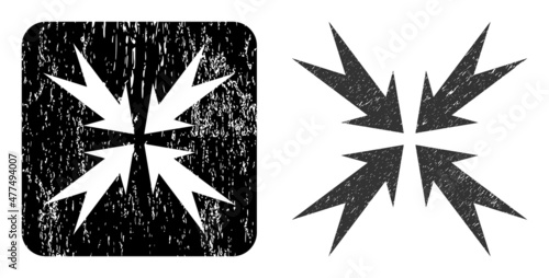 Vector compression arrows hole pictogram. Grunge compression arrows seal stamp, done from icon and rounded square. Rounded square stamp seal have compression arrows hole inside.