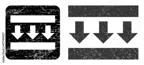 Vector pressure down carved icon. Grunge pressure down stamp, done with icon and rounded square. Rounded square stamp include pressure down subtracted shape inside. Vector pressure down grunge images.